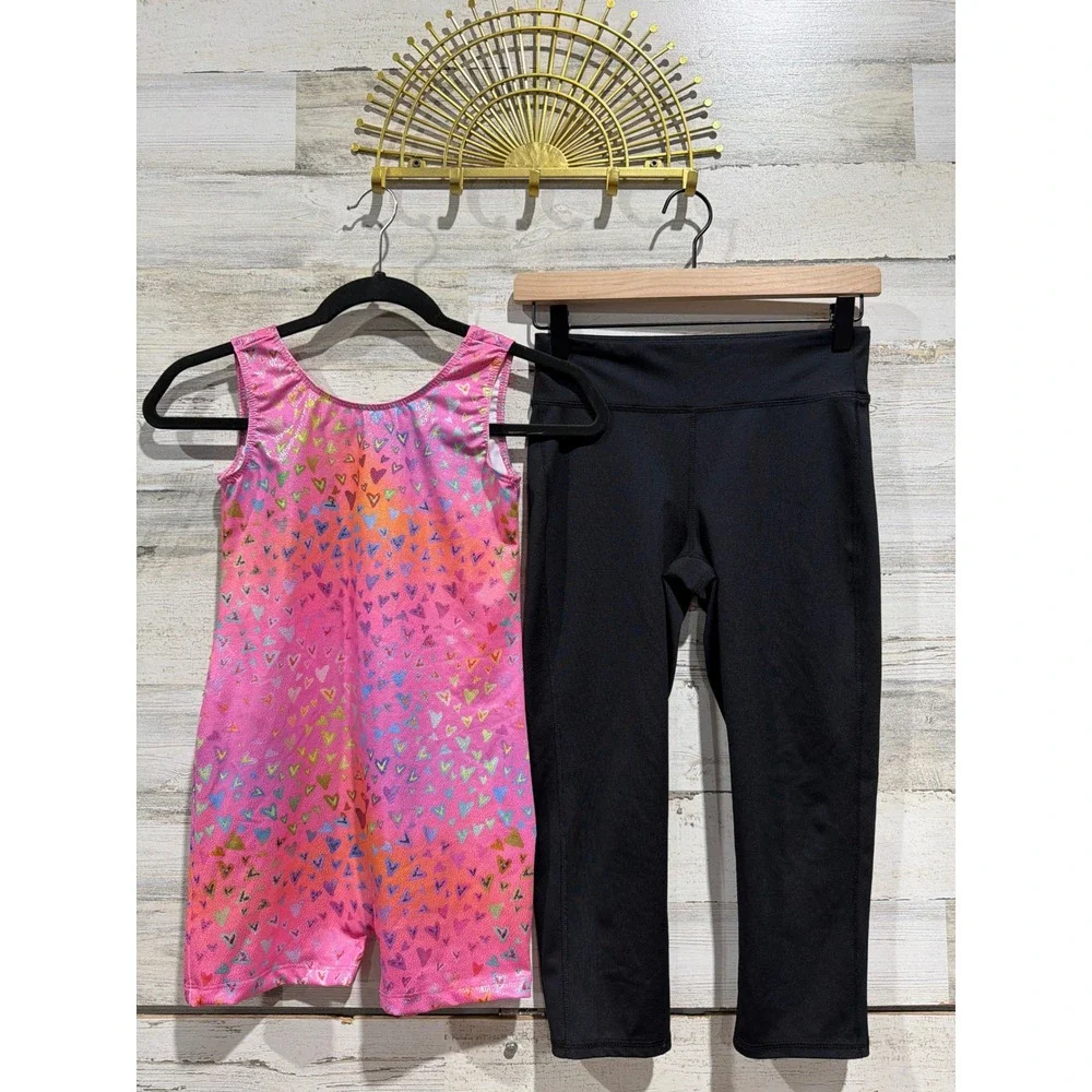 Old Navy Boutique Activewear Girls 14/16 Black Pink Heart Dance Leggings EUC